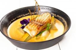 Skotský losos sous vide, glazírovaná zelenina, espuma z červeného curry