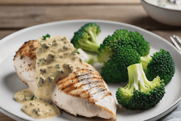 Šťavnatá kuřecí stehna s omáčkou s modrým sýrem a blanšírovanou brokolicí