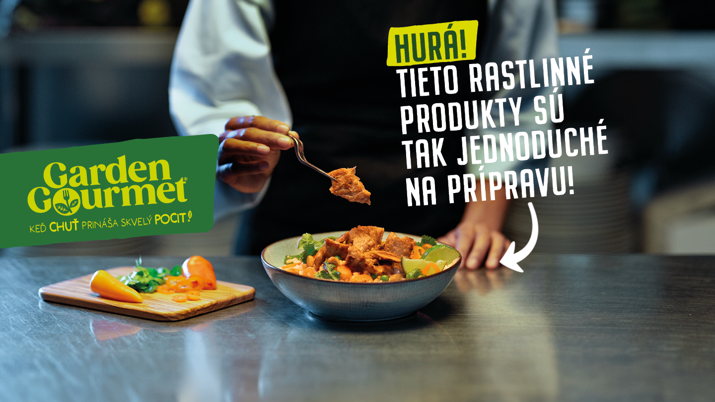 Banner Garden Gourmet s rastlinným jedlom na tanieri.